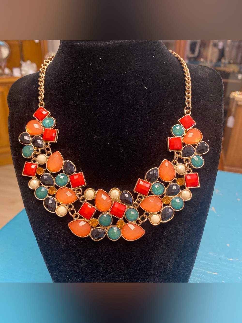 Statement Multi-Color Bib Necklace - Orange, Red, Teal, Black, Cream